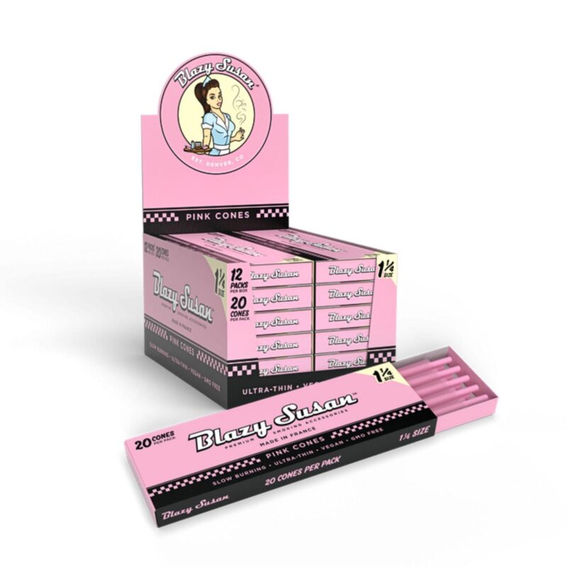 2cbfaad3-875a-48f4-843d-4c4e57eba7a2.jpeg Blazy Susan Pre Rolled 1-1/4 Size Pink Cones (20ct)