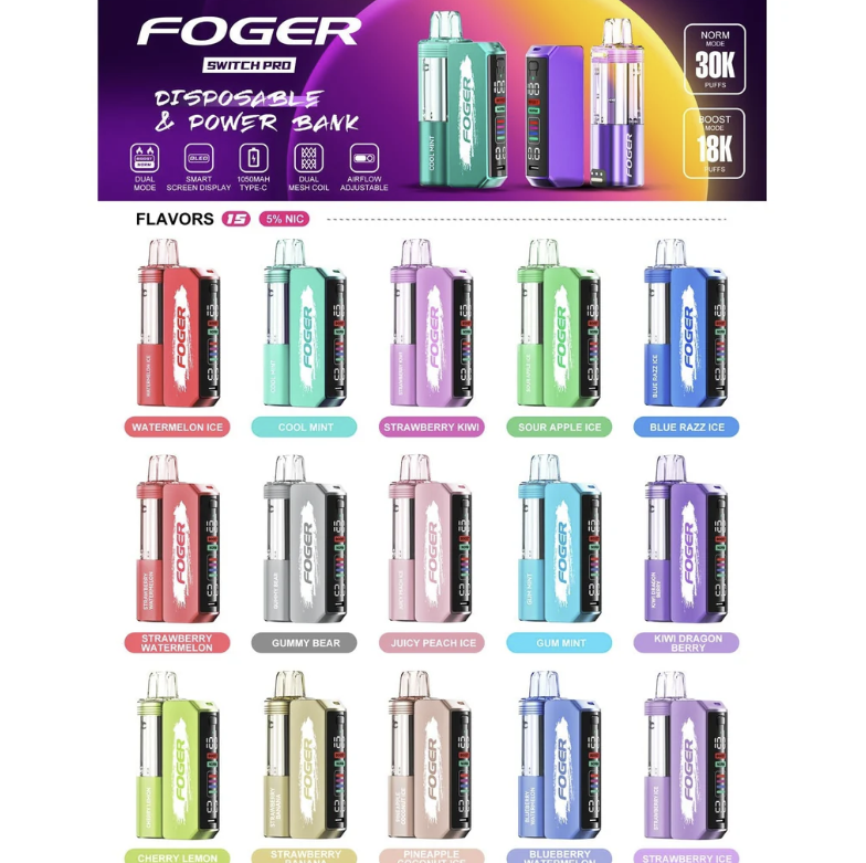 30a3d0a3-2eb0-4f19-9198-2046ce1cd887-1.png Foger Switch Pro Kit 30K Puffs 19ML Disposable Device 5% Nicotine & Power Bank