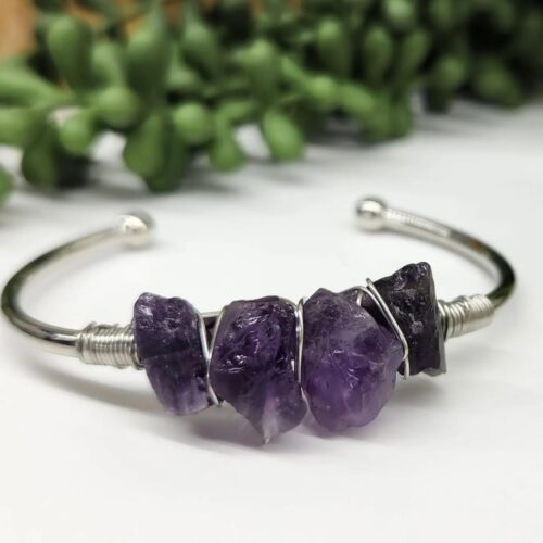 4b700edb-4a91-4773-8f12-2dd0d276af15.jpeg Amethyst 4 Rough Gem/Wire Wrapped Bangle - 18kt. Gold Overlay