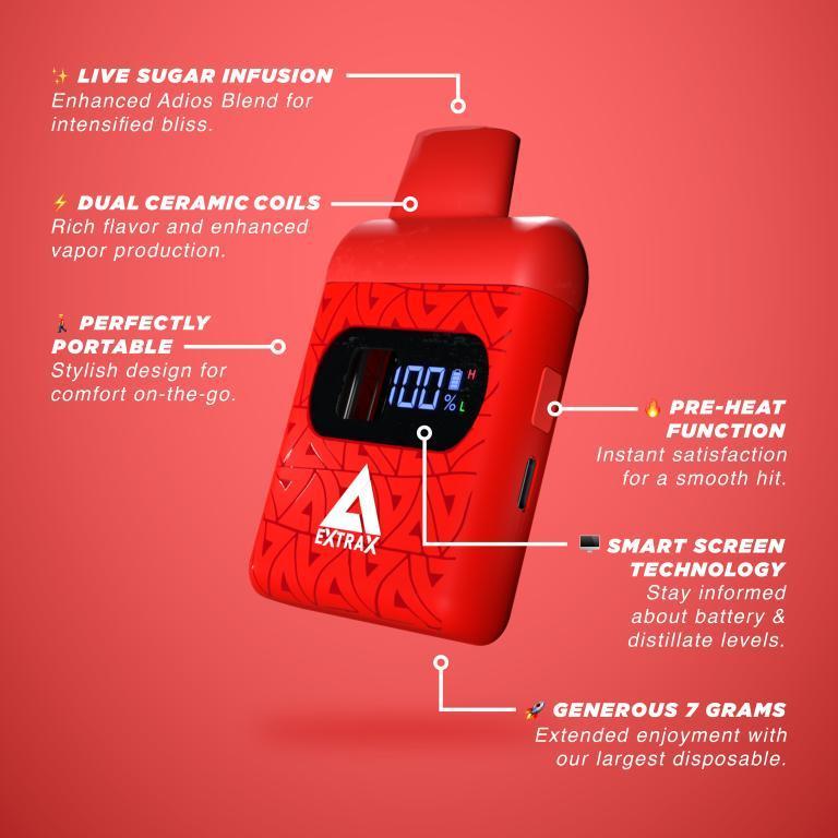 77658e9d-5205-46bf-b234-fb896df0ee84.jpeg Extrax Adios MF Live Sugar 7g Hemp D9 THC + P + A Smart Screen Disposable Device