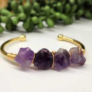 b263f9e0-faa7-499c-848f-4fa5c9ae6c18.jpeg Amethyst 4 Rough Gem/Wire Wrapped Bangle - 18kt. Gold Overlay