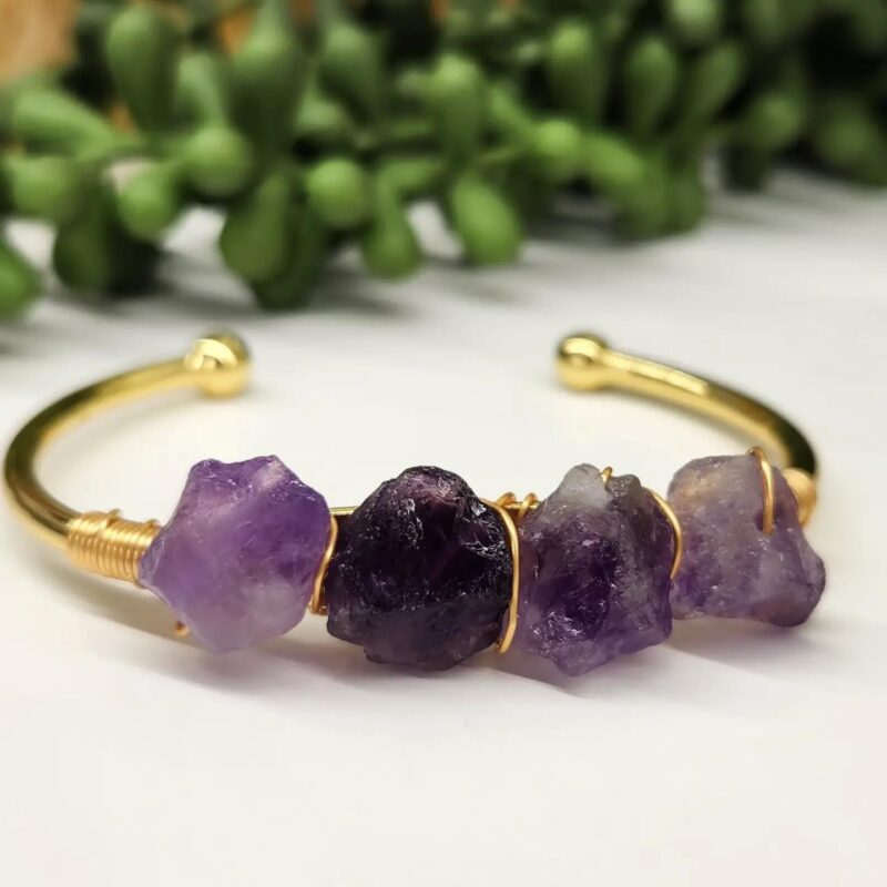 b263f9e0-faa7-499c-848f-4fa5c9ae6c18.jpeg Amethyst 4 Rough Gem/Wire Wrapped Bangle - 18kt. Gold Overlay