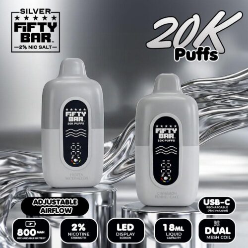 c48a5979-643f-4b5d-9cdb-b2a79c8bf11e.jpeg Fifty Bar Silver Edition 2% Nic Disposable Device