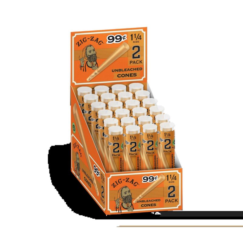 ff4fb057-48c4-42e4-8d0d-c84e6f3a3f33.jpeg Zig-Zag Unbleached Paper Pre-Rolled Cones 1 1/4 Size - 2/Pack in Reusable Tube